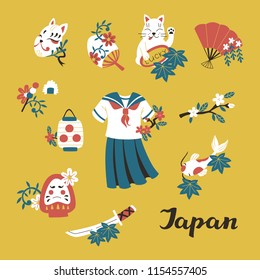 Japan Colored Doodle Sketch Elements Set: School Uniform, Katana, Koi, Lucky Cat and Paper Lantern.