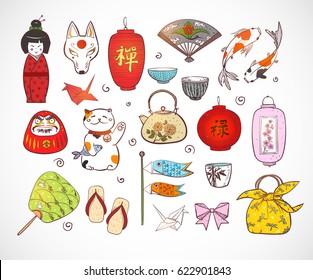 Japan colored doodle sketch elements. Symbols of Japan.