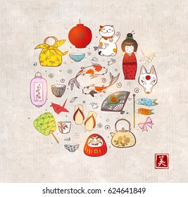 Japan colored doodle sketch elements background on vintage rice paper. Symbols of Japan. Contains hieroglyphs - well-being, beauty