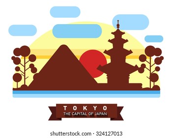Japan. Colorful flat landscape with mountains, trees, pagoda, sakura, river, sky, red sun. National symbols. Asia. Silhouette of nature landmark
