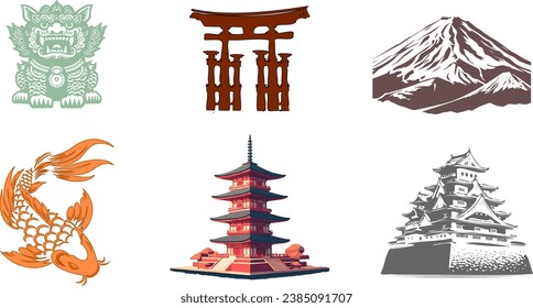 Japan colorful symbols, sushi and mountain Fuji, koi flags and sake flat vector icons. Japanese culture vector illustration