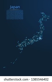 Japan communication network map. Vector low poly image of a global map with lights in the form of cities in or population density consisting of points and shapes in the form of stars and space.