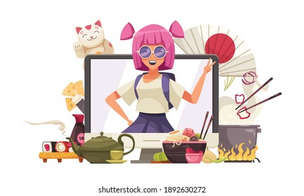 Japan composition with computer screen and anime girl surrounded by tea sets sushi and kawaii cats vector illustration