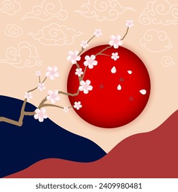 Japón Concepto Antecedentes Resumen Escenario paisajístico, rama Sakura floreciente con flores y Sol Rojo . Ilustración del vector