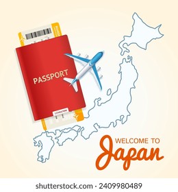 Japan Concept with Realistic Detailed 3d Element Include of Passport with Tickets, Airplane and Map. Vector illustration