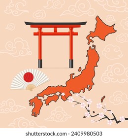 Japan Concept with Realistic Detailed 3d Element Include of Japanese Traditional Red Torii Gate, Map and Hand Fan. Vector illustration