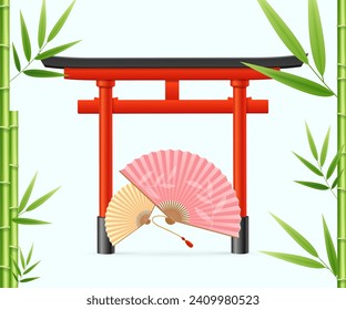 Japan Concept with Realistic Detailed 3d Element Include of Japanese Traditional Red Torii Gate, Bamboo Shoots and Hand Fans. Vector illustration
