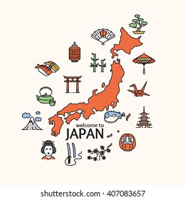 Japan Concept Travel. Map of Country. Poster. Vector illustration