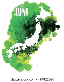 Japan. The contour of the country. Vector image of the hand on the background of watercolor stains . Conceptual drawing in grunge style .