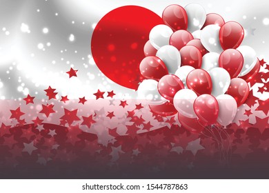 Japan country concept. Banner or poster for local Japanese holiday, Independence day, Showa, Emperor’s birthday, National foundation. Confetti decoration balloons, and red and white flag.