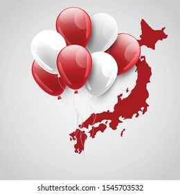 Japan country concept. Banner or poster for local Japanese holiday, Independence day, Showa, Emperor’s birthday, National foundation. Balloons and territory shape map. Vector illustration.