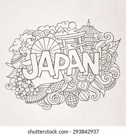 Japan country hand lettering and doodles elements and symbols background. Vector hand drawn sketchy illustration