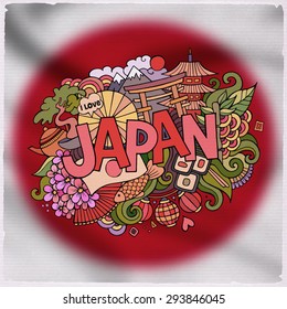 Japan country hand lettering and doodles elements and symbols emblem. Vector blurred background