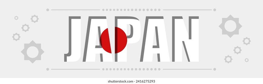 Japan country name and flag, Japan flag banner with red white winter landscape theme in background. National foundation day design with famous Japanese landmarks like mount Fuji, Itsukushima svg