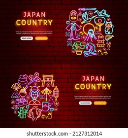 Japan Country Neon Banners. Vector Illustration of Asia Promotion.