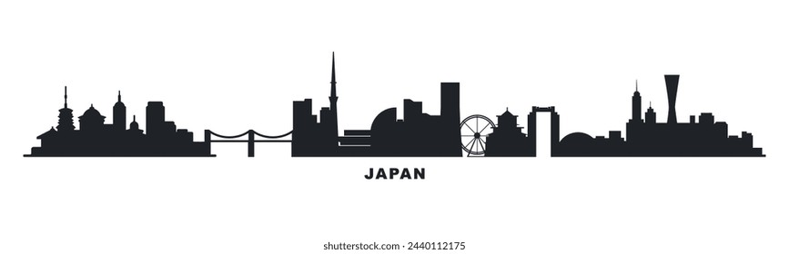 Japan Land Skyline mit Städten Panorama. Vector flaches Banner, Logo. Tokyo, Kyoto, Osaka, Yokohama, Kobe Silhouette für Fußzeile, Dampfer, Kopfzeile. Isolierte Grafik