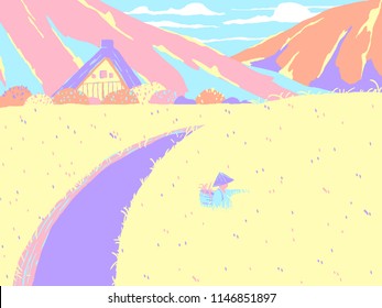 Japan countryside landscape, farmer picking grass in rice field with small house and mountains in background, colorful pastel theme