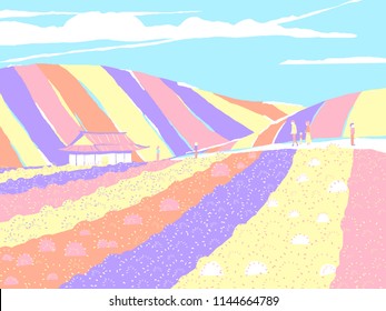 Japan countryside landscape, tourists enjoying beautiful flower fields with blue sky in background, colorful pastel theme