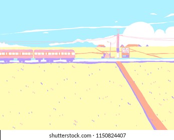 Japan countryside landscape, train passing through rice fields with small village and blue sky in background, colorful pastel theme