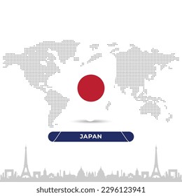 Japan Creative Rugby BallBadge in flag design on France landmarks background for a sports tournament, this vector for sports match template or banner in vector illustration. Fully editable EPS.