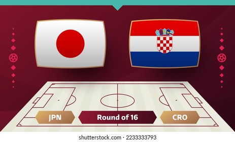 Japan Kroatia spielt Runde von 16 Spielen Fußball 2022. 2022 Weltfußballmeisterschaftsspiel gegen Mannschaften auf Sporthintergrund, Meisterschaftspopster, Vektorgrafik.