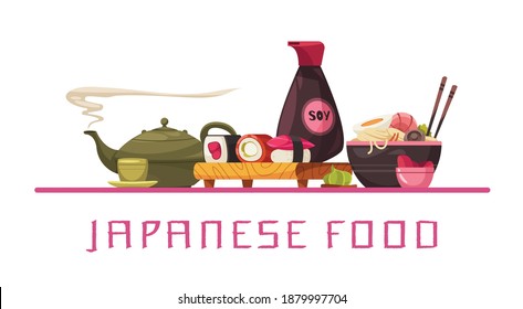 Composición de la cocina japonesa con texto editable y vista frontal de la mesa servida con ilustración vectorial de la comida japonesa tradicional