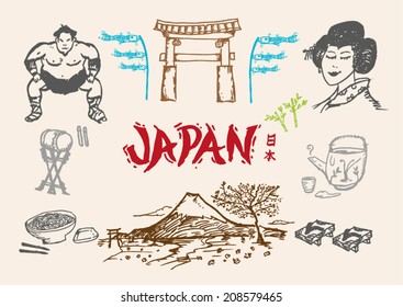 Japan Cultural hand sketch collection 3. Vector artwork. Editable Clip Art.