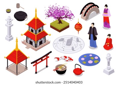 Cultura japonesa 3d isométrica mega set em isometria design gráfico. Elementos de coleção de templo pagode, flor de sakura, samurai, gueixa, quimono, lago de lírio de água, chá, carpa, outros. Ilustração vetorial.