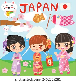 Japan culture costume Japanese Children cute vector set  Japan tradition place travel asia cartoon Vector 