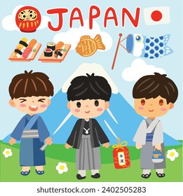 Japan culture costume Japanese Children cute vector set  Japan tradition place travel asia cartoon Vector 