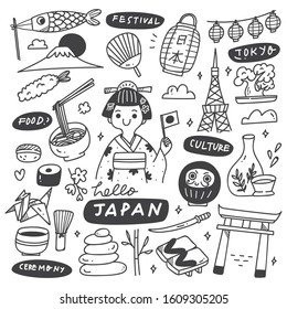 Japan Culture Doodle Set, Traditional Dress, Food and drink, and Other Related Objects