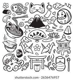 Japan culture doodles, japanese ramen doodles vector