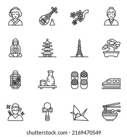 Japan culture icons set 1 with white background. thin line style stroke vector.