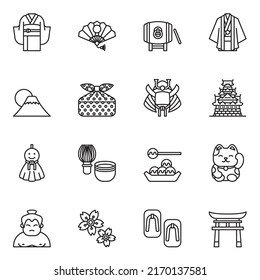 Japan culture icons set 2 with white background. thin line style stroke vector.