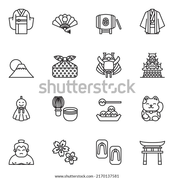 Japan culture icons set 2 with white background.\
thin line style stroke\
vector.