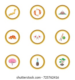 Japan culture icons set. cartoon style set of 9 japan culture vector icons for web design