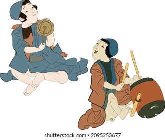 Japan culture, japanese kids with drums playing music isolated vector illustration. Edo period ukiyo-e boys in ancient kimono children characters. Japanese or chinese kids play.