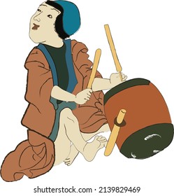 Japan culture, japanese kids with drums playing music isolated vector illustration. Edo period ukiyo-e boys in ancient kimono children characters.