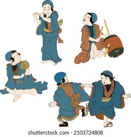 Japan culture, japanese kids with musical instruments playing music isolated vector illustration. Edo period ukiyo-e boys in ancient kimono children characters musicions.