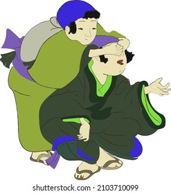 Japan culture, japanese kids playing in hide and seek play game isolated vector illustration. Edo period ukiyo-e boys in ancient kimono children characters playing.