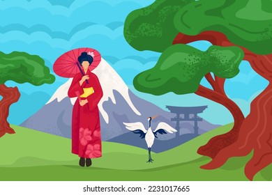 Japan culture, japanese woman in kimono concept, vector illustration. Travel to asia landmark, oriental tourism and journey. Asian geisha near fuji
