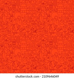 Japan Culture Line Seamless Pattern. Vector Illustration of Outline Background.