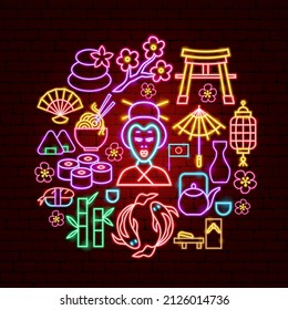 Japan Culture Neon Concept. Vector Illustration of Asia Promotion.