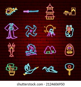 Japan Culture Neon Icons. Vector Illustration of Coutry Travel Promotion.