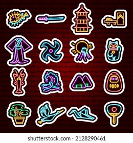 Japan Culture Neon Stickers. Vector Illustration of Country Promotion.