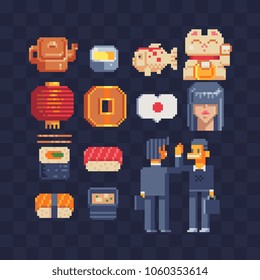 Japan culture pixel art icons set part 2. good luck symbols, Japanese cuisine sushi and rolls, businessman character isolated vector illustration. Design for sticker logo and  mobile app. 8-bit.