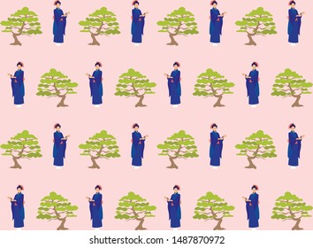 Japan Culture Seamless Pattern Flat Cartoon Vector Illustration. Japanese Geisha Character in Dark Blue Kimono Clothing Standing Welcoming. Traditional Symbols such as Bonsai Tree.