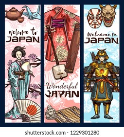 Japan culture sketch banners. Vector famous Japanese Fuji mount, geisha kimono or samurai and ninja or tea ceremony and music instruments or kabuki theater and traditional symbols