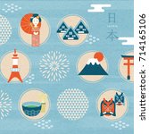 Japan culture symbol design, adorable japanese traditional symbols in flat design, Japan country name in Japanese on the top right