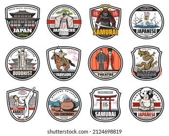 Japan culture, tradition, religion and history vector icons, Japanese travel landmarks. Welcome to Japan badges Tokyo Fuji mount, dragon festival, Buddha temple, samurai warrior and kabuki theater